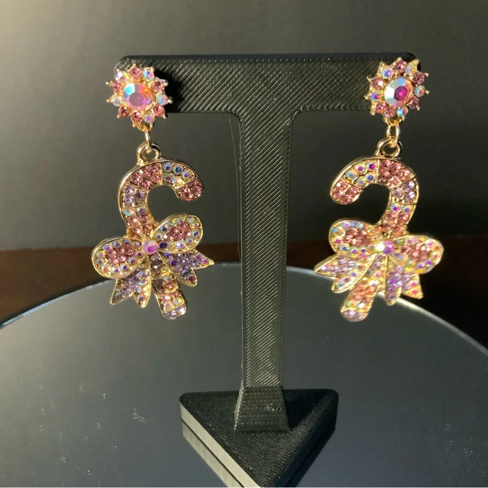 Final Markdown Super Sparkly Holiday Candy Cane Rhinestone Earrings - Picture 1 of 2